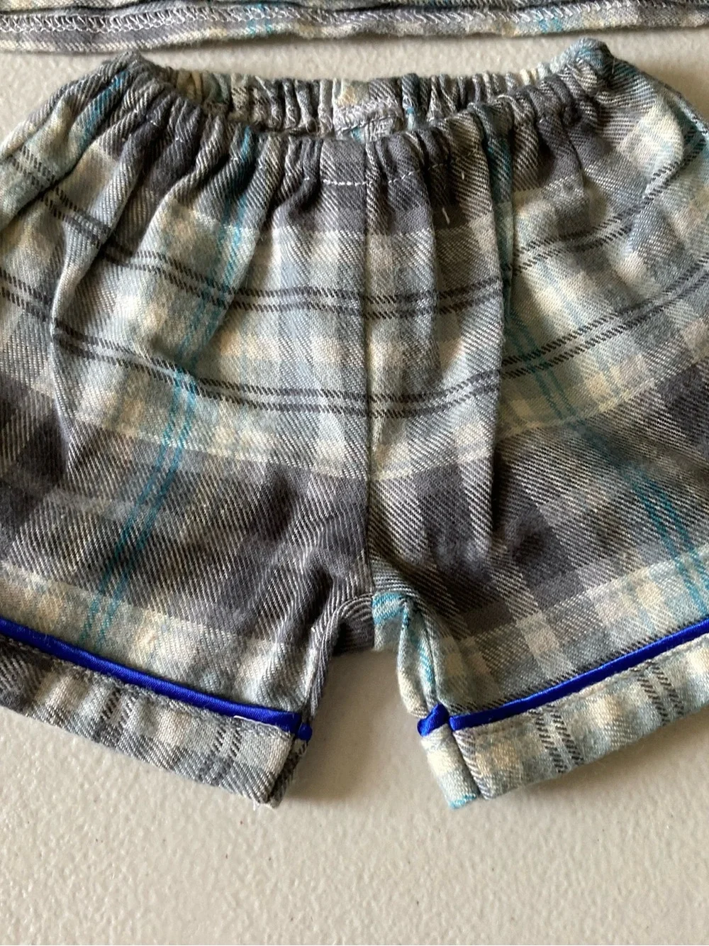 Stuff A Friend Teddy Bear Casual Plaid Shirt & Shorts Outfit Set Gray Blue